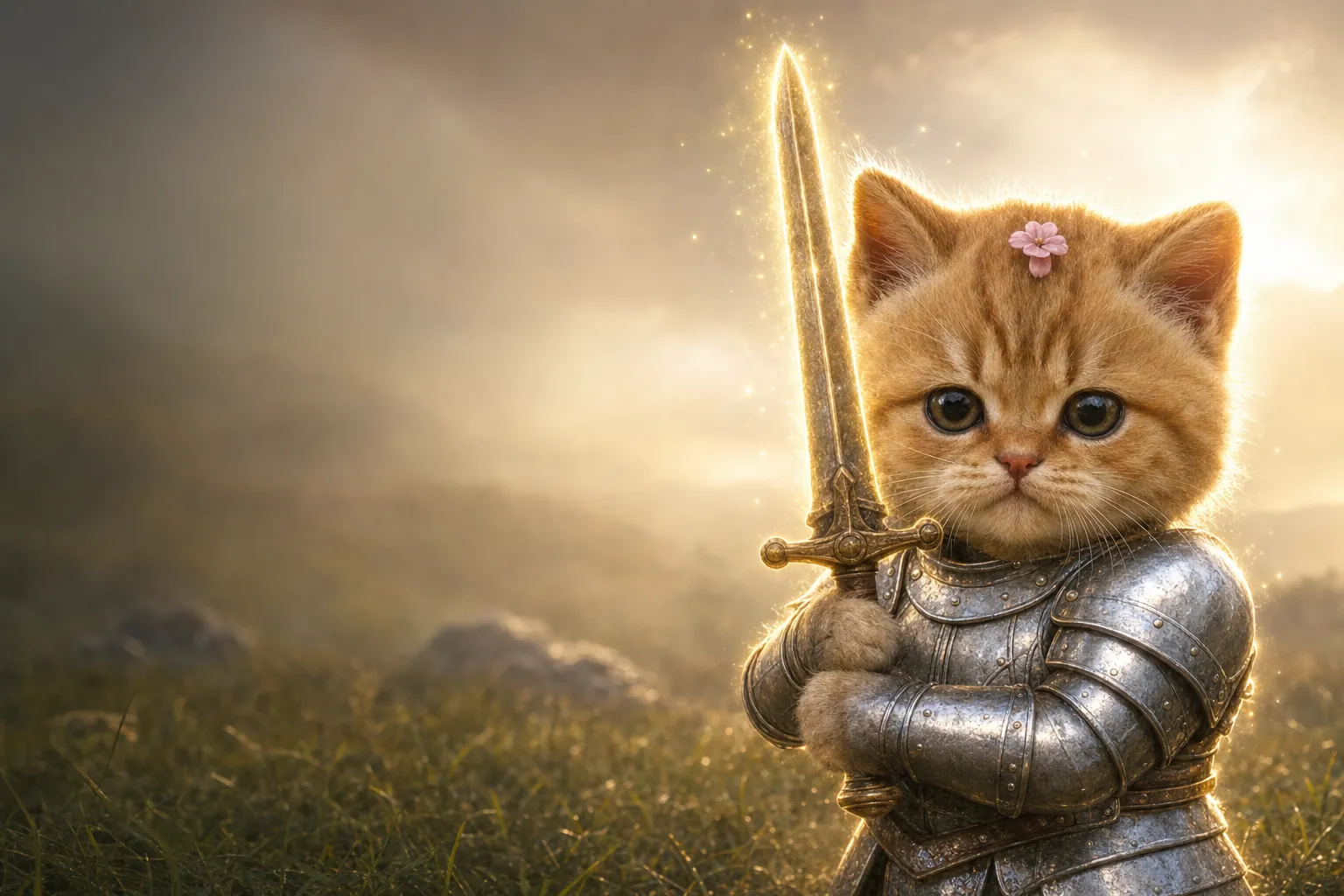 A tiny fluffy ginger kitten in silver armor with a pink flower on his head, holding a glowing sword upright in golden morning fog
