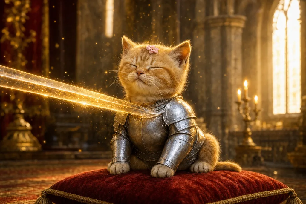 The kitten kneeling on a red cushion in a candlelit castle hall while a glowing sword touches his shoulder