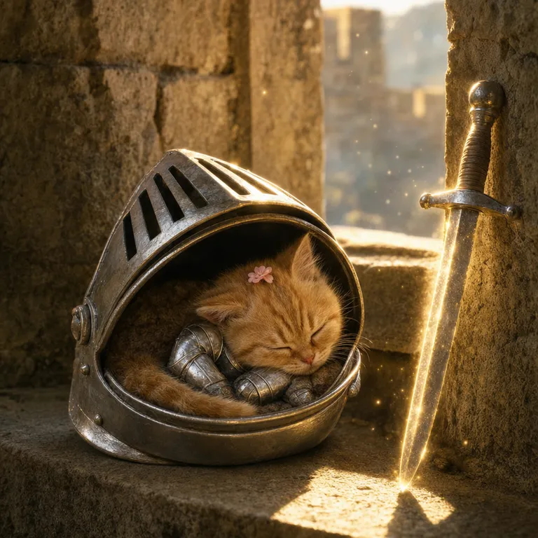 The kitten asleep inside his upturned knight helmet on a sunny window sill