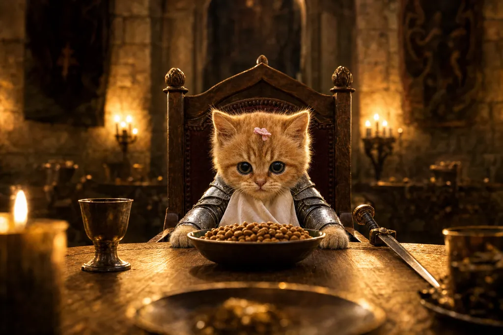 The kitten at a big round table with one bowl of cat food in the middle, a napkin tucked into his armor